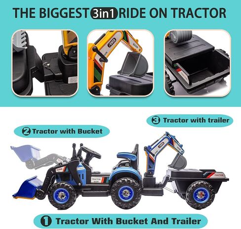 24V Ride on Excavator with 4-in-1 Construction Attachments (Excavator, Dump Truck & Bulldozer), Ride on Tractor w/Remote Control, Swivel Seat, Power Wheels Kids Electric Vehicles (Blue) in Kuwait