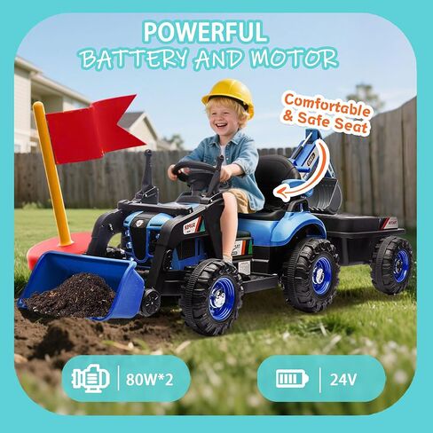 24V Ride on Excavator with 4-in-1 Construction Attachments (Excavator, Dump Truck & Bulldozer), Ride on Tractor w/Remote Control, Swivel Seat, Power Wheels Kids Electric Vehicles (Blue) in Kuwait