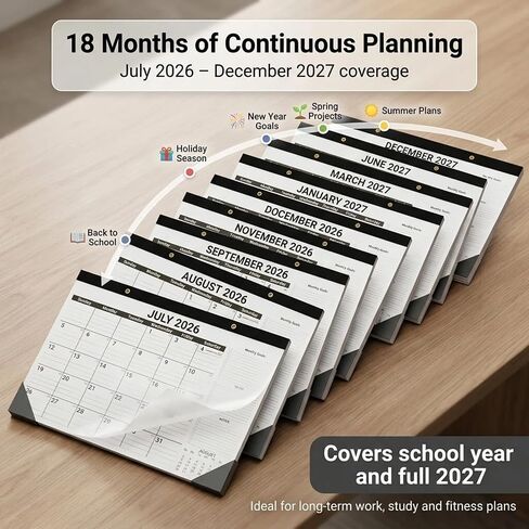 2026-2027 Monthly Desk Calendar - 18 Month Goal Tracker (July 2026 - Dec 2027), 17" x 12" Desktop Planner with To-Do & Notes Sidebar, Thick 120 GSM Paper for Habit Building & Home in Saudi Arabia