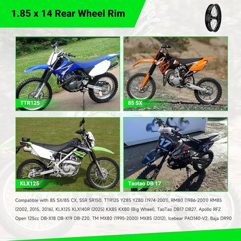 مجموعة شرائط الحافة الخلفية للدراجة الترابية 1.85 × 14 لإطارات 90/100-14، لـ KLX125 KX85 KLX140R TTR125 YZ85 YZ80 RM80 RM85 Taotao DB17 DB27 SR150 DR90 Apollo RFZ Open 125 أجزاء الدراجة النارية مع محامل 12 مم in Saudi Arabia