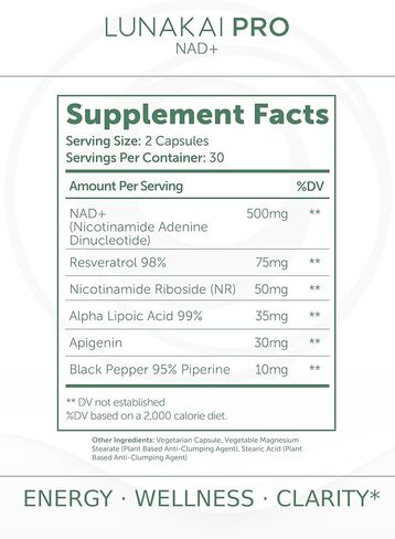 تركيبة Lunakai PRO USA المصنوعة بمسار مزدوج NAD+ مع NR & Resveratrol - مكمل NAD الطبيعي للنساء والرجال - الشيخوخة الصحية ودعم الصحة الخلوية، 60 قيراط in Saudi Arabia
