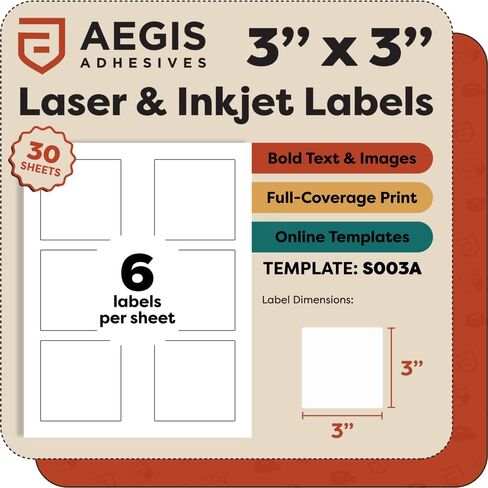3" X 3" Square Printable Labels for Inkjet and Laser Printers - 30 Sheets, 180 Matte White Custom Stickers for Business Logos, QR Code Stickers, Product Labeling - Aegis Adhesives Template S003A in Saudi Arabia