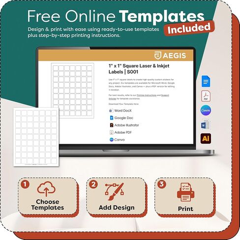 3" X 3" Square Printable Labels for Inkjet and Laser Printers - 30 Sheets, 180 Matte White Custom Stickers for Business Logos, QR Code Stickers, Product Labeling - Aegis Adhesives Template S003A in Saudi Arabia