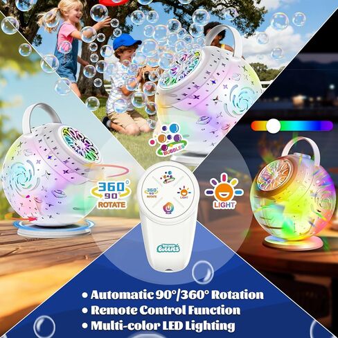 آلة فقاعات قابلة لإعادة الشحن - دوران تلقائي 90 درجة/360 درجة، جهاز تحكم عن بعد وإضاءة LED RGB بـ 7 ألوان، ألعاب صانع الفقاعات للأطفال، فقاعات لحفلات الزفاف، عيد الفصح وهدية عيد الميلاد للأولاد والبنات in Kuwait