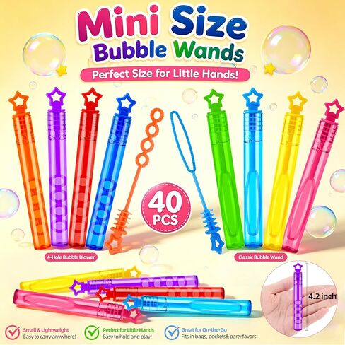 Mini Bubble Wands 40 Pack, Pre-Filled Bubble Solution, Assorted Bright Colors, Big & 4-Hole Bubble Blowers for Kids, Bulk Party Favors, Goodie Bag Stuffers, Prizes for Easter Valentine’s Day Summer in Saudi Arabia