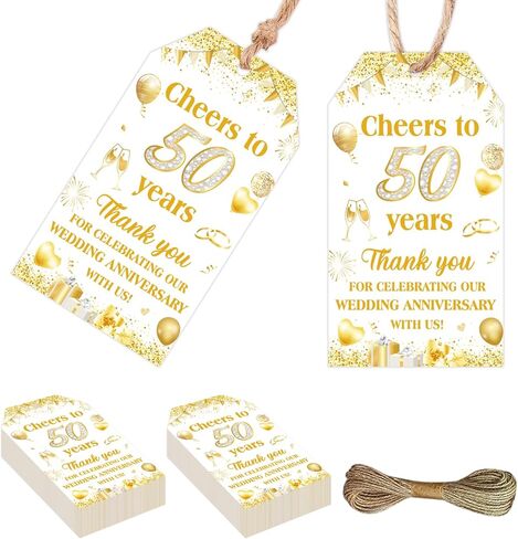 Happy 50th Wedding Anniversary Party Supply 50pcs White and Gold Golden Wedding Anniversary Thank You Cards Thank-You Tag with String for Husband Wife Party Favor Tags in Kuwait