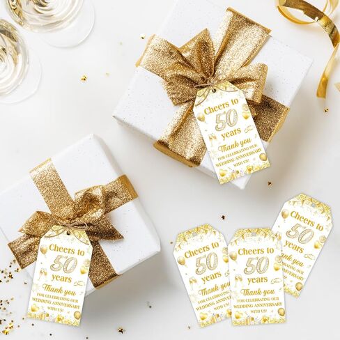 Happy 50th Wedding Anniversary Party Supply 50pcs White and Gold Golden Wedding Anniversary Thank You Cards Thank-You Tag with String for Husband Wife Party Favor Tags in Kuwait