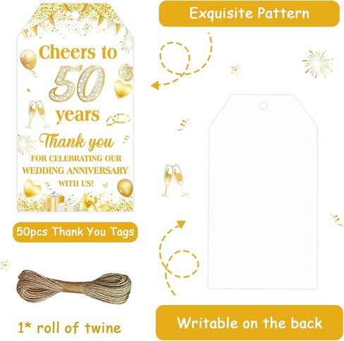 Happy 50th Wedding Anniversary Party Supply 50pcs White and Gold Golden Wedding Anniversary Thank You Cards Thank-You Tag with String for Husband Wife Party Favor Tags in Kuwait