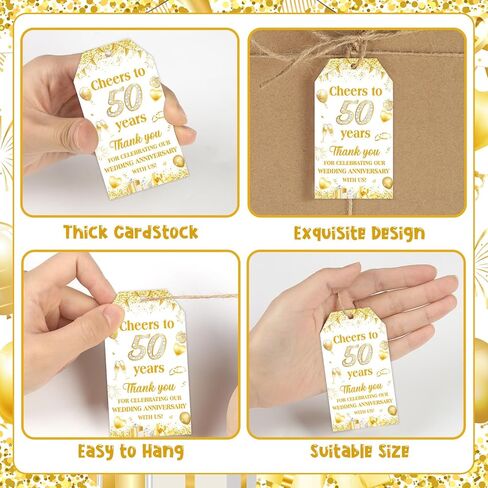 Happy 50th Wedding Anniversary Party Supply 50pcs White and Gold Golden Wedding Anniversary Thank You Cards Thank-You Tag with String for Husband Wife Party Favor Tags in Kuwait