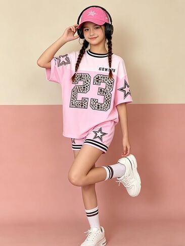 Girls Outfit Set for 13-16 Years, Trendy Casual Short Sleeve Shirt and Black Shorts, Sport Summer 2 Pieces Sets in Saudi Arabia