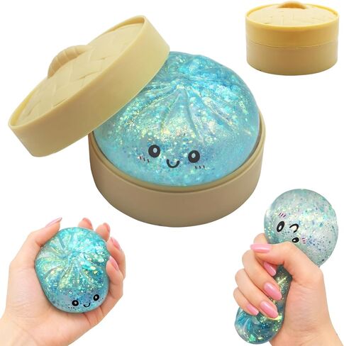 Dumpling Squishies, Slow Rising Jumbo Glitter Squishy Dumpling with Steamer Box for Stress Relief, Mystery Fidget Sensory Toys (Blue) in Saudi Arabia