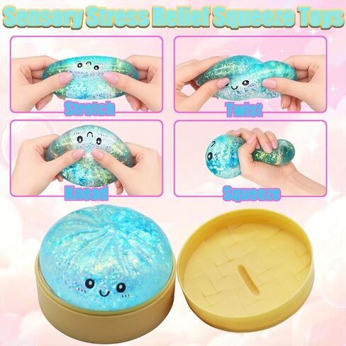 Dumpling Squishies, Slow Rising Jumbo Glitter Squishy Dumpling with Steamer Box for Stress Relief, Mystery Fidget Sensory Toys (Blue) in Saudi Arabia