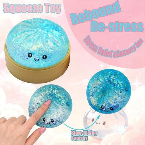 Dumpling Squishies, Slow Rising Jumbo Glitter Squishy Dumpling with Steamer Box for Stress Relief, Mystery Fidget Sensory Toys (Blue) in Saudi Arabia