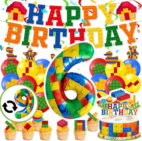 Birthday Decorations 6 Year Old Boy – 6th or 9th Birthday Decorations – Building Blocks Party Kit – Number 9 or 6 Balloons, Banner, Cupcake & Cake Toppers – Brick Theme Party Supplies for Boys 6 or 9 in Saudi Arabia