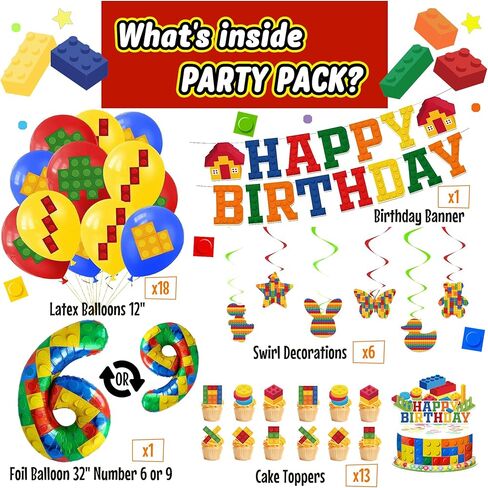 Birthday Decorations 6 Year Old Boy – 6th or 9th Birthday Decorations – Building Blocks Party Kit – Number 9 or 6 Balloons, Banner, Cupcake & Cake Toppers – Brick Theme Party Supplies for Boys 6 or 9 in Saudi Arabia