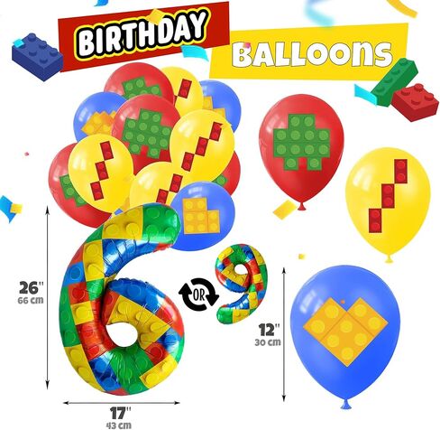 Birthday Decorations 6 Year Old Boy – 6th or 9th Birthday Decorations – Building Blocks Party Kit – Number 9 or 6 Balloons, Banner, Cupcake & Cake Toppers – Brick Theme Party Supplies for Boys 6 or 9 in Saudi Arabia
