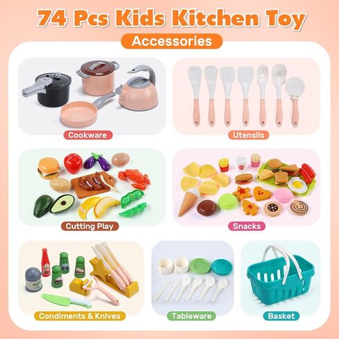 HOLYFUN 74-Pcs Kids Kitchen Toy Accessories with Basket, Pretend Play Cooking Set with Toy Pots and Pans, Utensils, Cookware, Cuttable Play Food, Fruit Vegetables, Learning Gift for Kids Toddler in Saudi Arabia