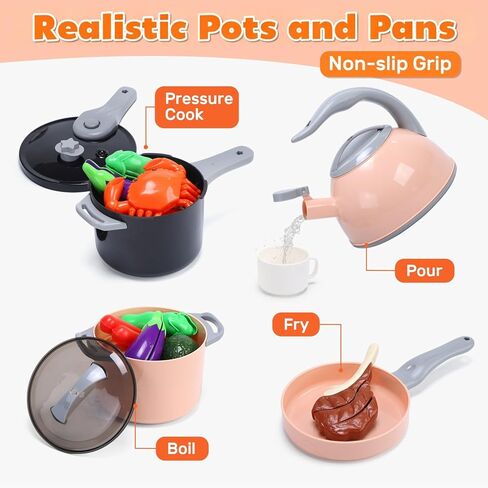 HOLYFUN 74-Pcs Kids Kitchen Toy Accessories with Basket, Pretend Play Cooking Set with Toy Pots and Pans, Utensils, Cookware, Cuttable Play Food, Fruit Vegetables, Learning Gift for Kids Toddler in Saudi Arabia