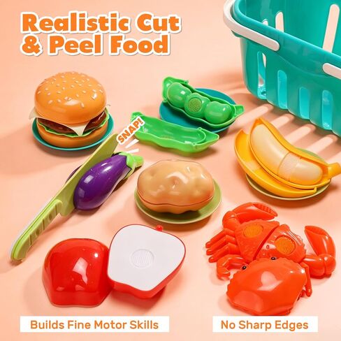 HOLYFUN 74-Pcs Kids Kitchen Toy Accessories with Basket, Pretend Play Cooking Set with Toy Pots and Pans, Utensils, Cookware, Cuttable Play Food, Fruit Vegetables, Learning Gift for Kids Toddler in Saudi Arabia