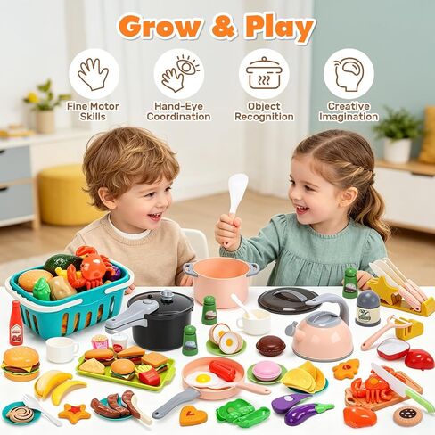 HOLYFUN 74-Pcs Kids Kitchen Toy Accessories with Basket, Pretend Play Cooking Set with Toy Pots and Pans, Utensils, Cookware, Cuttable Play Food, Fruit Vegetables, Learning Gift for Kids Toddler in Saudi Arabia