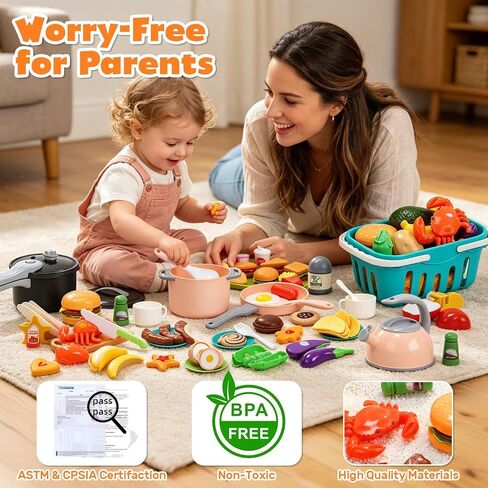 HOLYFUN 74-Pcs Kids Kitchen Toy Accessories with Basket, Pretend Play Cooking Set with Toy Pots and Pans, Utensils, Cookware, Cuttable Play Food, Fruit Vegetables, Learning Gift for Kids Toddler in Saudi Arabia