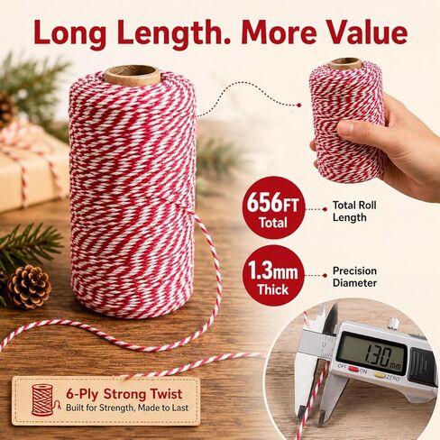 Red and White Bakers Twine 656 Feet – Cotton Baker's String for Gift Wrapping, Christmas Crafts, DIY Decoration, Butchers, Baking – 1.3mm 6-Ply Tightly Twisted Spool Roll in Saudi Arabia