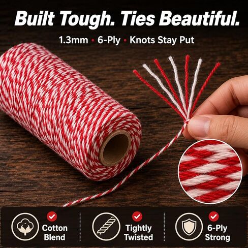Red and White Bakers Twine 656 Feet – Cotton Baker's String for Gift Wrapping, Christmas Crafts, DIY Decoration, Butchers, Baking – 1.3mm 6-Ply Tightly Twisted Spool Roll in Saudi Arabia