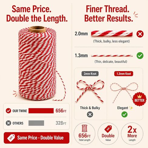 Red and White Bakers Twine 656 Feet – Cotton Baker's String for Gift Wrapping, Christmas Crafts, DIY Decoration, Butchers, Baking – 1.3mm 6-Ply Tightly Twisted Spool Roll in Saudi Arabia
