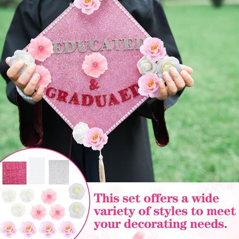 Dunzoom 18 جهاز كمبيوتر شخصى 2026 DIY قبعة التخرج الزينة كيت وشملت الوردي الأبيض زهرة شعر ملصق الرسالة 260 لؤلؤة ملصق الوردي قبعات التخرج الزينة لعام 2026 قبعة التخرج توبر ديكور حفلة التخرج in Kuwait