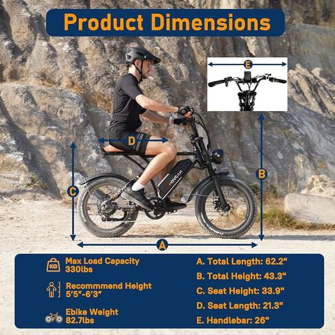 Movcan V60 Pro Electric Bike with Lock & Phone Holder, 48V 18.2Ah Removable Battery 20" Fat Tire Electric Bike, 1500W Motor 33MPH Top Speed Dual Hydraulic Brake Electric Motorcycle for Adults in Saudi Arabia