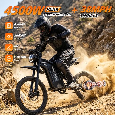 الدراجة الترابية الكهربائية HAPPYRUN G18pro للبالغين - محرك الذروة 4500 واط، بطارية 60 فولت 35 أمبير، نطاق 75 ميل، تحكم في السرعة 5 مستويات، تعليق كامل، فرامل هيدروليكية، إطارات للطرق الوعرة مقاس 19 بوصة/17 بوصة in Kuwait
