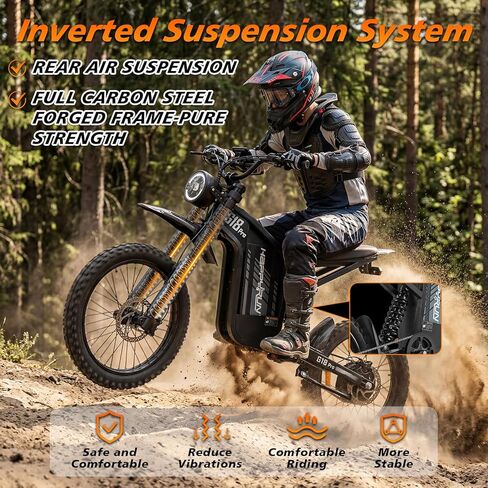الدراجة الترابية الكهربائية HAPPYRUN G18pro للبالغين - محرك الذروة 4500 واط، بطارية 60 فولت 35 أمبير، نطاق 75 ميل، تحكم في السرعة 5 مستويات، تعليق كامل، فرامل هيدروليكية، إطارات للطرق الوعرة مقاس 19 بوصة/17 بوصة in Kuwait