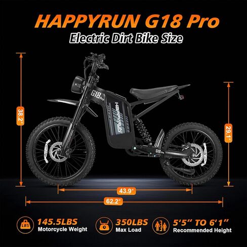 الدراجة الترابية الكهربائية HAPPYRUN G18pro للبالغين - محرك الذروة 4500 واط، بطارية 60 فولت 35 أمبير، نطاق 75 ميل، تحكم في السرعة 5 مستويات، تعليق كامل، فرامل هيدروليكية، إطارات للطرق الوعرة مقاس 19 بوصة/17 بوصة in Kuwait