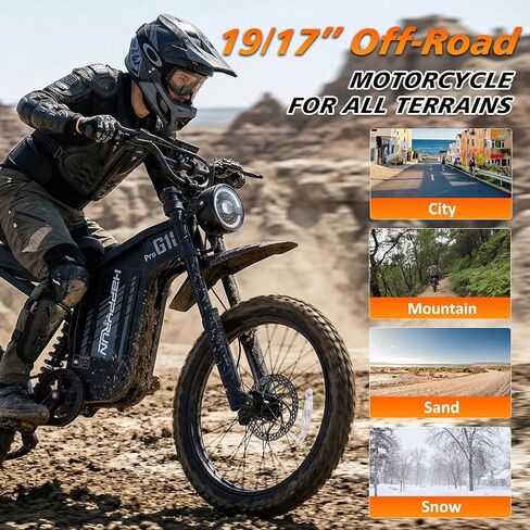 الدراجة الترابية الكهربائية HAPPYRUN G18pro للبالغين - محرك الذروة 4500 واط، بطارية 60 فولت 35 أمبير، نطاق 75 ميل، تحكم في السرعة 5 مستويات، تعليق كامل، فرامل هيدروليكية، إطارات للطرق الوعرة مقاس 19 بوصة/17 بوصة in Kuwait
