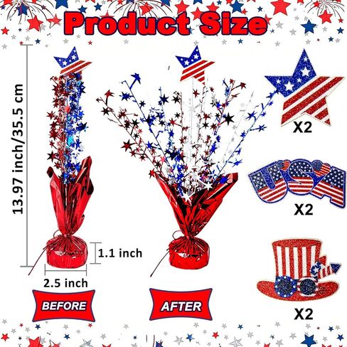 6 Pcs 4th of July Table Decoration Red White and Blue Table Centerpiece Metallic Foil Spray Star Burst Patriotic 250th Anniversary Independence Memorial Labor Veteran Day Tabletop Party Decor in Saudi Arabia