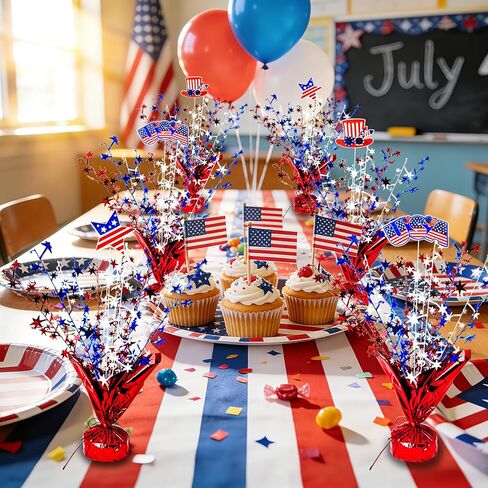 6 Pcs 4th of July Table Decoration Red White and Blue Table Centerpiece Metallic Foil Spray Star Burst Patriotic 250th Anniversary Independence Memorial Labor Veteran Day Tabletop Party Decor in Saudi Arabia
