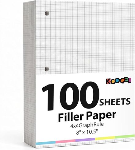Koogel 100 ورقة رسم بياني، ورق حشو ورق فضفاض 4 × 4 قاعدة رسم بياني 3 فتحات مثقوبة لملفات 3 حلقات مكتب المدرسة 8 × 10.5 بوصة in Saudi Arabia