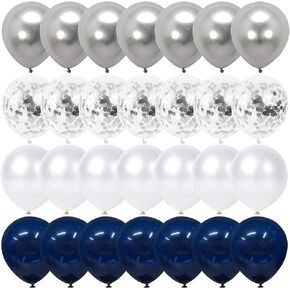 Navy Blue and Silver Confetti Balloons 50 pcs, 12 inch White Pearl and Silver Metallic Chrome Party Balloons for 2026 Graduation Party Decorations in Saudi Arabia