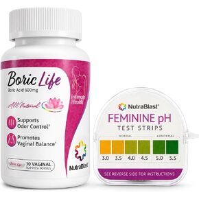 NutraBlast Boric Acid Vaginal Suppositories 600mg (30 Count) Bundle with Feminine pH Test Strips 3.0-5.5 (100 Tests Roll) | Monitor Intimate Health | Accurate Women’s Acidity & Alkalinity in Kuwait