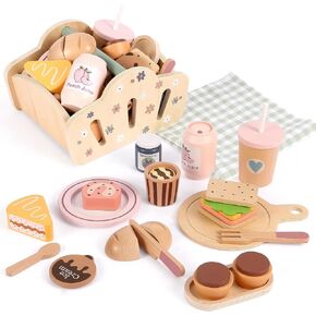 FIIOEOY Wooden Picnic Basket Toy for Toddlers, Kids Play Food Set with Dessert Food and Mat, Outdoor Pretend Play Kitchen Accessories Gift for Girls Boys 3 4 5 Years Old in Saudi Arabia