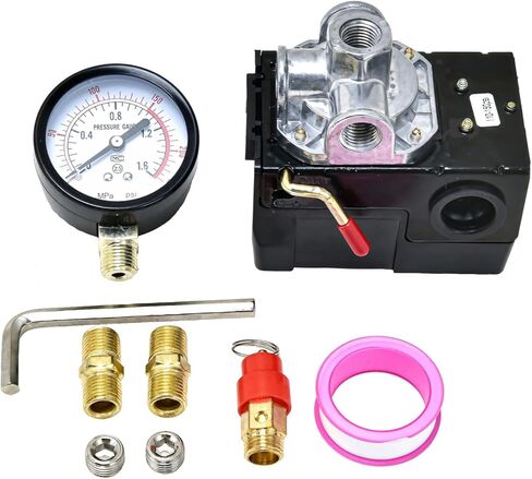 Air Compressor Pressure Switch 135-175 PSI 4-Port 20 AMP, 9 PCS Air Compressor Pressure Switch Set, Includes Accurate Pressure Gauge & Safety Relief Valve, Automatic On/Off Control in Saudi Arabia