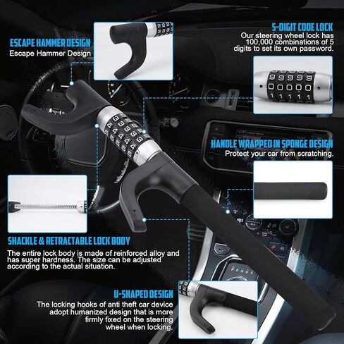 Steering Wheel Lock Anti-Theft Device, High Security 5-Digit Password Vehicle Lock, Heavy Duty Adjustable Steering Wheel Lock for Car Truck Van SUV, 2-Year Warranty in Saudi Arabia