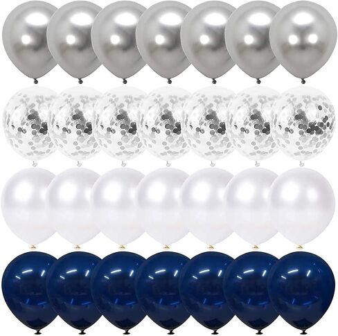 Navy Blue and Silver Confetti Balloons 50 pcs, 12 inch White Pearl and Silver Metallic Chrome Party Balloons for 2026 Graduation Party Decorations in Saudi Arabia