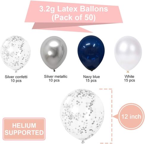 Navy Blue and Silver Confetti Balloons 50 pcs, 12 inch White Pearl and Silver Metallic Chrome Party Balloons for 2026 Graduation Party Decorations in Saudi Arabia