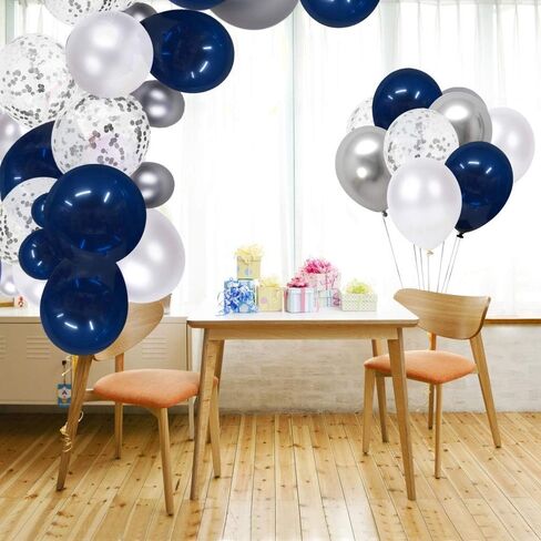 Navy Blue and Silver Confetti Balloons 50 pcs, 12 inch White Pearl and Silver Metallic Chrome Party Balloons for 2026 Graduation Party Decorations in Saudi Arabia