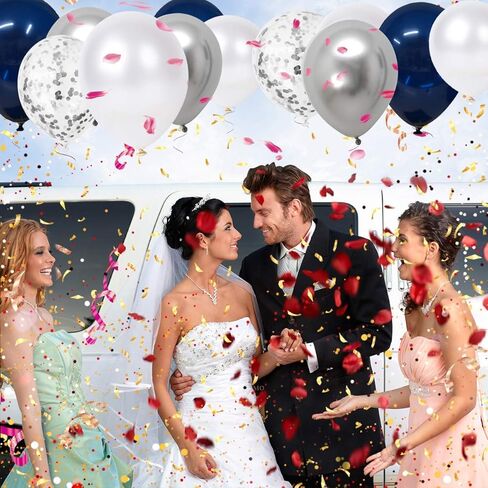 Navy Blue and Silver Confetti Balloons 50 pcs, 12 inch White Pearl and Silver Metallic Chrome Party Balloons for 2026 Graduation Party Decorations in Saudi Arabia
