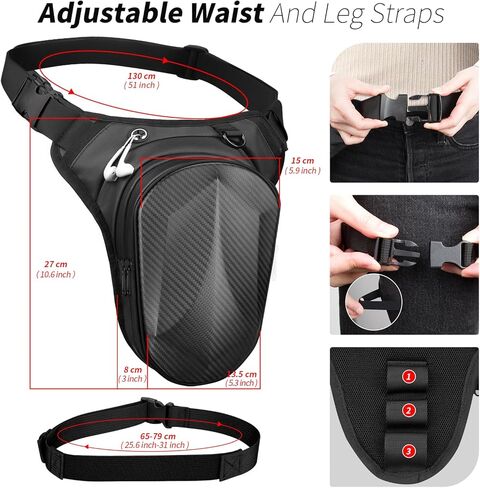 Thigh Bag, Motorcycle Leg Bag with Hard Front Shell, Water-Resistant Riding Leg Bag for Men and Women, Adjustable Waist & Leg Straps, Multi-Pocket Storage for Daily Riding, Matte Black in Saudi Arabia
