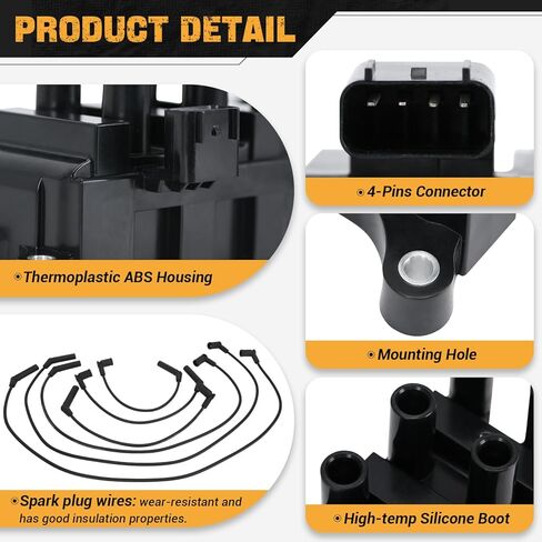 Set of 1 FD498 Ignition Coil w/ 6 Spark Plugs and 6 Wires Compatible With Ford E150 E250 F150 Mustang Ranger/Mazda B3000/ Mercury Cougar Monterey in Saudi Arabia