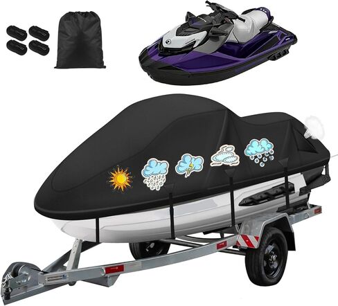 Waterproof Jet Ski Cover,420D Heavy Duty Windproof Jet Ski Covers 2-3 Seater with 2 Vents & 4 Windproof Buckles UV Resistant Compatible with Yamaha Seadoo from 126" to 135"(Black) in Saudi Arabia