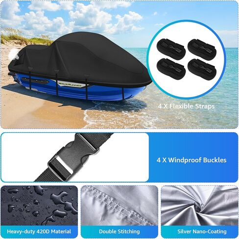 Waterproof Jet Ski Cover,420D Heavy Duty Windproof Jet Ski Covers 2-3 Seater with 2 Vents & 4 Windproof Buckles UV Resistant Compatible with Yamaha Seadoo from 126" to 135"(Black) in Saudi Arabia